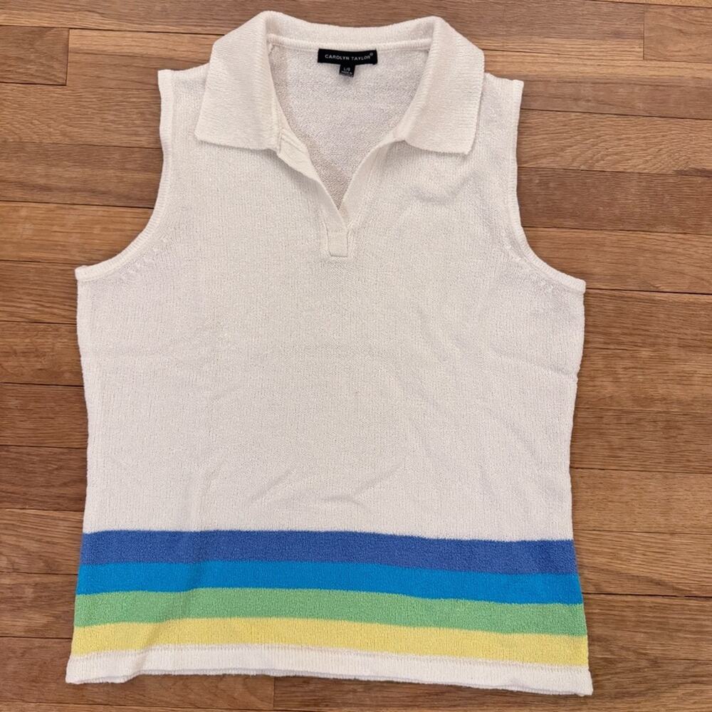 Carolyn Taylor women's sleeveless ribbed knit polo shirt top size large L b3